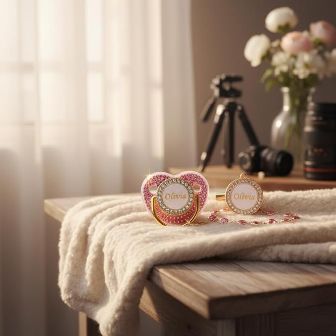 Custom Pacifier with Name, Bling Personalized Pacifier Clip Set with Gift Box, Glitter Crystal Luxurious Soother Dummy Ideal Gift for Boys Baby Shower Newborn Photography(Bling Pink)