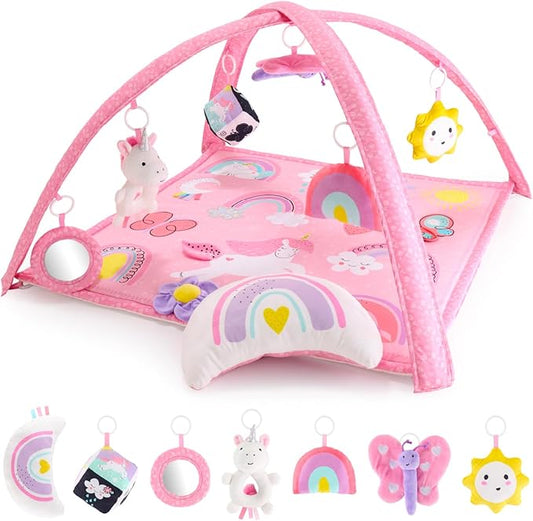 Peanutshell Baby Girl Rainbow Paradise 7-in-1 Play Gym - Playmat Toys for Newborns, Infants: 0-6, 6-12 months Tummy Time Mat with Hanging Toys, Soft Padded
