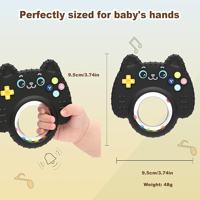 Teething Toys for Baby, Sensory Baby Chew Toy, Rattle Ring Teether Toys for Babies 0-3-6-12 Months, Silicone TV Remote Control Shape for New Baby Gift (Black)