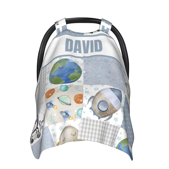 Personalized Baby Car Seat Canopy for Boys Girls, Custom Name Baby Car Seats Covers for Babies, Opening Minky Nursing Breastfeeding Stroller Cover Infant Carseat Canopies for Newborn (Space Cow)