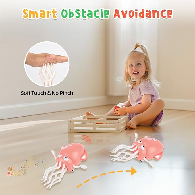 Magic Dancing Octopus Toy, Squid Crawling Toy with LED Light & Music, USB Rechargeable Interactive Baby Toys, Tummy Time Toys for Toddler Boys Girls Birthday (Pink)