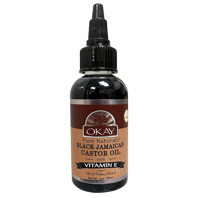 Okay Pure Naturals Black Jamaican Castor Oil with Vitamin E - Castor Oil for Hair Health, Moisture for Skin, Body, Scalp, Eyelashes, Eyebrows, for Men & Women - 4 fl oz Glass Bottle (1 Pack)