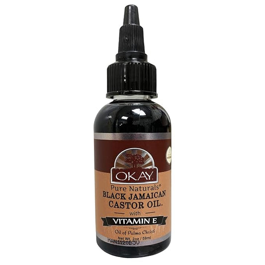 Okay Pure Naturals Black Jamaican Castor Oil with Vitamin E - Castor Oil for Hair Health, Moisture for Skin, Body, Scalp, Eyelashes, Eyebrows, for Men & Women - 4 fl oz Glass Bottle (1 Pack)