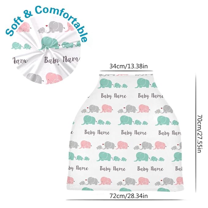 Personalized Baby Car Seat Cover for Babies, Custom Name Baby Car Seats Canopy for Boys Girls, Nursing Breastfeeding Stroller Covers for Infant Newborn, Shower Gift (Cute Elephant)
