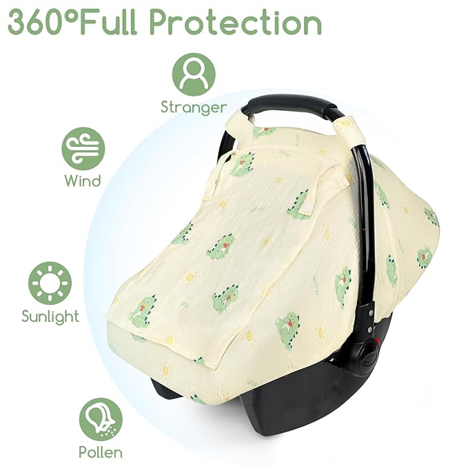 Muslin Baby Car Seat Cover for Boys Girls, Infant Carseat Canopy with Breathable Mesh Peep Window, Summer Lightweight Sunshade Carrier Cover for Newborn, Green Dinosaur