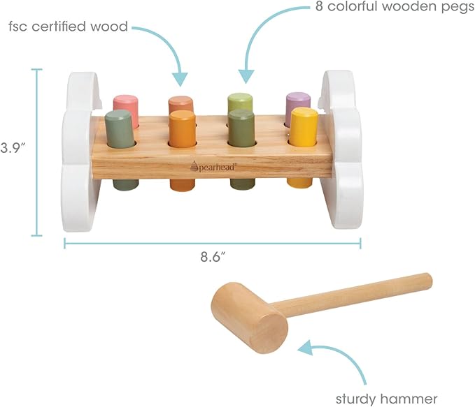 Pearhead Montessori Hammer Bench, Must Have Baby, Toddler Stocking Stuffers, Pounding and Hammering Wooden Toy, Early Developmental Interactive Toddler Toys for Ages 1+ Years