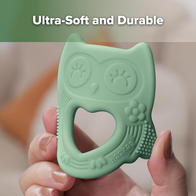 haakaa Silicone Owl Teether,Food-Grade Smiling Teething Toy for Infants, Soft Chew Toys for Babies, BPA Free, Toy for 3 Months+,Pea Green