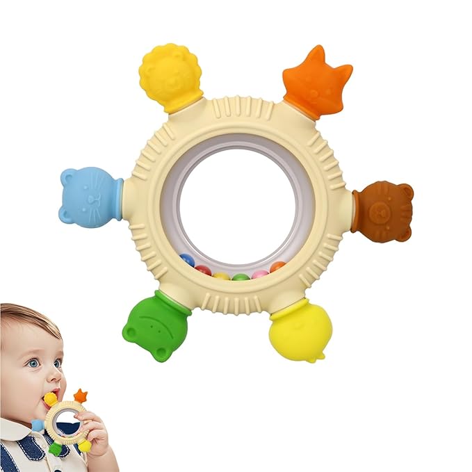 Baby Teething Toy,Silicone Animal Rattle Teether Toy for Infants 3-12 Months - BPA-Free Teething Toy with 6 Textures, Anti-Gag Design, Soothes Gum Discomfort & Enhances Grip Skills