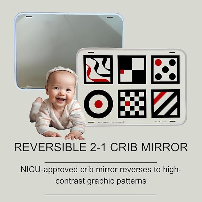 Baby Mirror, Large, Double-Sided with High Contrast Images, Baby Safe Mirror Perfect for Cribs, NICU Approved, Shatterproof, Medical Grade Rubber, Hospital Recommended, Bestselling Toy for Babies