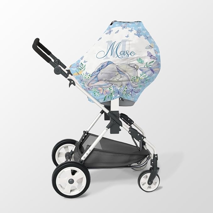 Personalized Baby Car Seat Cover Stroller Canopy: Custom Name Newborn Baby Boy Girl Elastic Sleeping Elephant Nursing Cover for Moms First Birthday Gift Blue(one Size)
