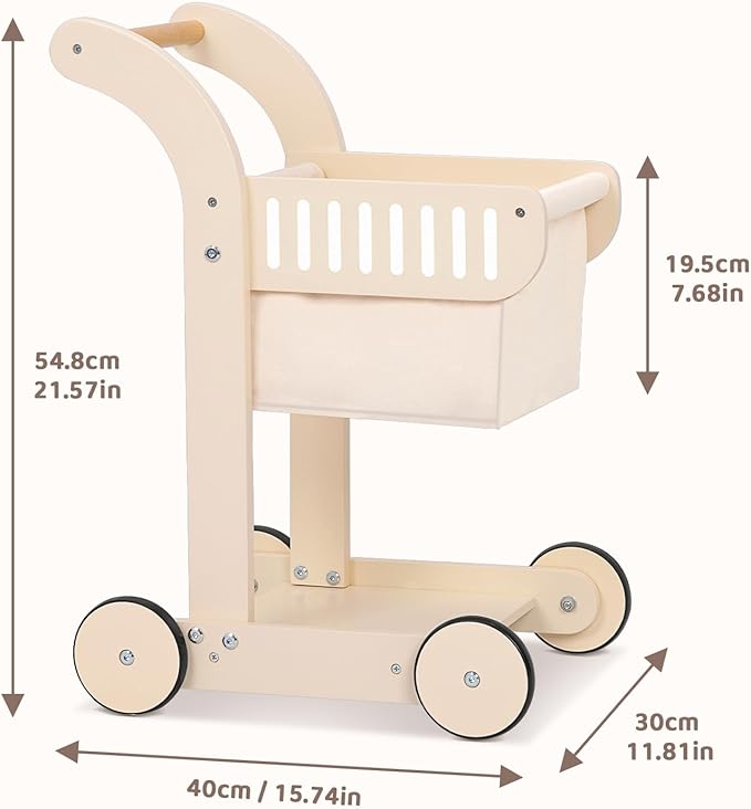 OOOK Baby Push Walker Doll Stroller, Wooden Baby Walker for Girls and Boys, Kids Shopping Cart for Toddlers, Kids Stand Learning Walker with 4 Wheels