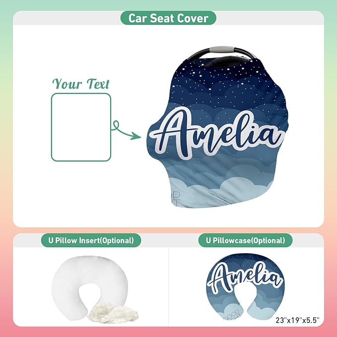Custom Name Car Seat Canopy - Baby Car Seat Covers, Infant Stroller Cover, Haze Blue Star Carseat Canopy Christmas Birthday Gifts for Girls and Boys
