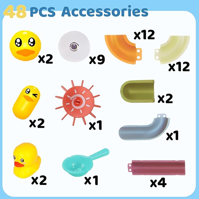 48PCS Toddler Bath Toys for Kids Ages 3-5,DIY Duck Slippery Slide Track Baby Bath Tub Toys with Suction Cups, for Baby Infant Boys Girls Bath Time Ages 2 3 4 5 6 7 8Years Old