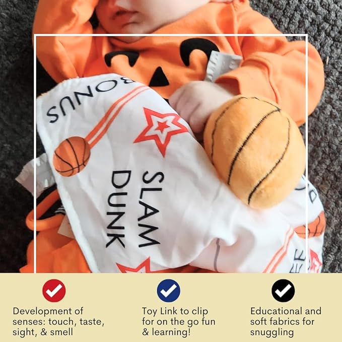 Baby Jack & Co 10x10” Basketball Sports Lovey Sensory Plush Blanket - Tag Toy for Developing Sense of Touch - Travel Stroller Toy w/BPA Free Clip - Learn Shapes, Letters & Colors - Sports Gift