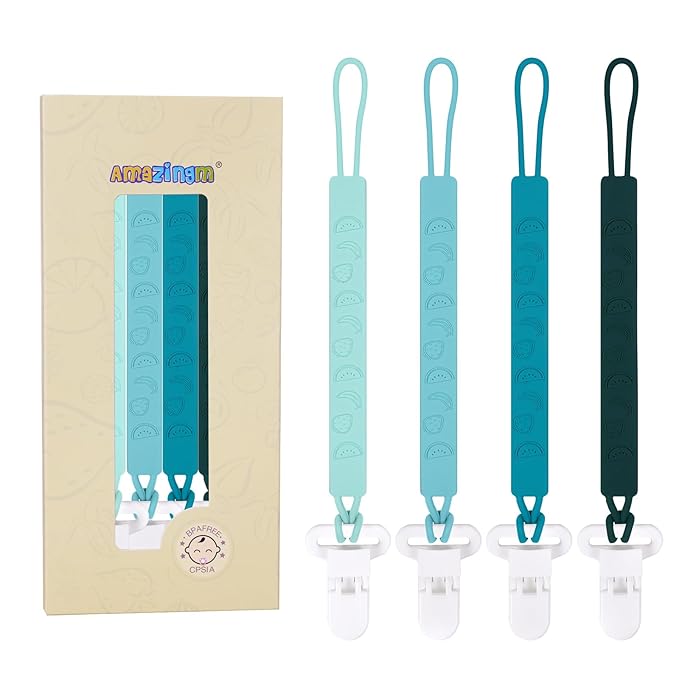 One Piece Design Silicone Pacifier Clip Holder for Baby Boys and Girls,Pack of 4 Flexible Paci Leash,Binky Clips,Newborn Essentials (Fruits, Green)
