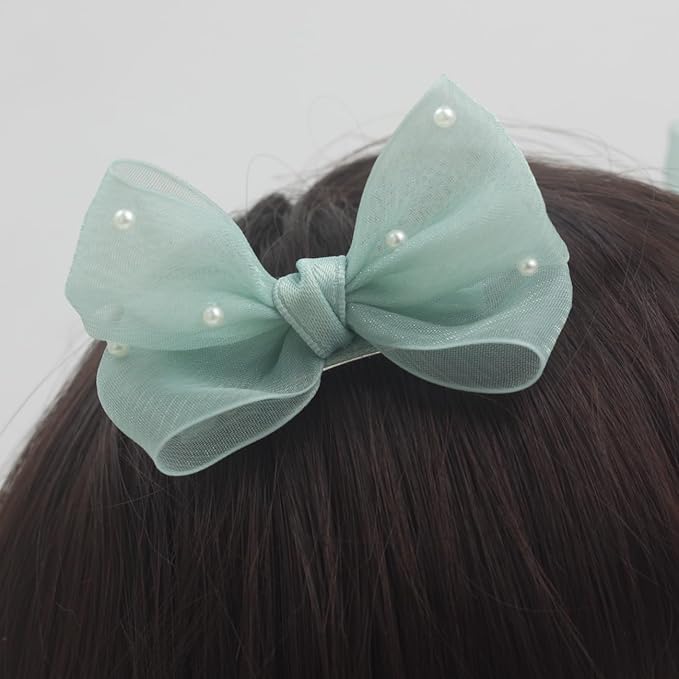 Nihao Baby Pearl Light Green Bow Hair Clips for Little Girl - 2Pcs