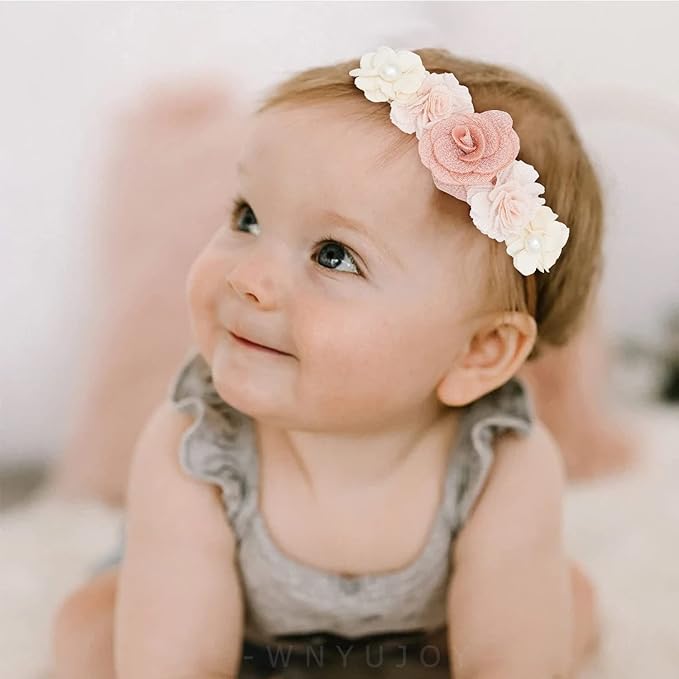 Baby Girl Flower Headbands Set, 3pcs Elastic Nylon Floral Hair Band, Bows Wrap for Infant Newborn Toddler