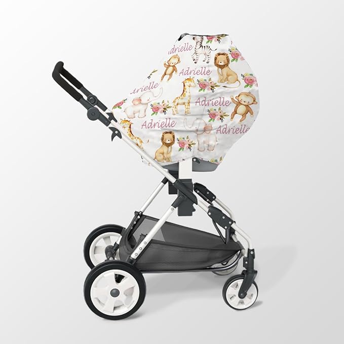 Personalized Baby Car Seat Cover Stroller Canopy: Custom Name Newborn Baby Boy Girl Elastic Animals Nursing Cover for Moms First Birthday Gift Giraffe Monkey(one Size)