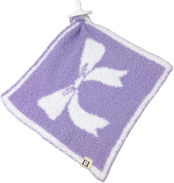 L+L USA Bow Baby Lovey Pacifier/Teether Holder 10"x10" - DreamSoft Plush Fluffy Cuddly Soothie Reversible Mini Comfort Blanket - Cute Girly Newborn Gift Essential for Babies Girls (Lavender/White)