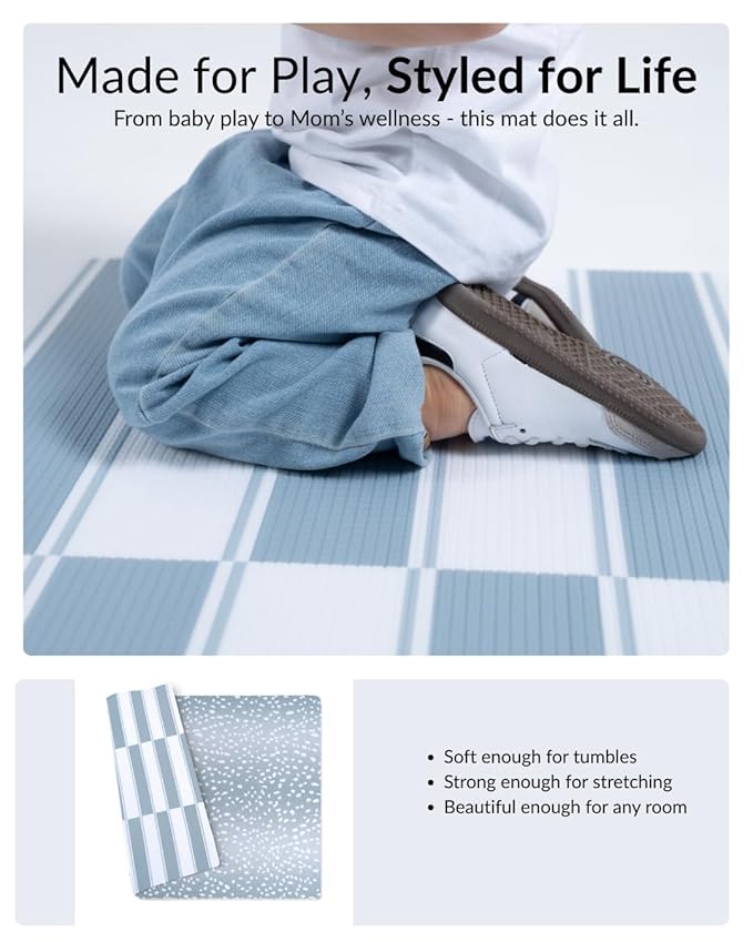Wander & Roam Premium Reversible Play Mat - Soft Foam Child & Parent - Neutral Antelope + Stripe Design - Water Resistant, Easy to Clean, Non-Toxic - Slate Blue, 3+ Years