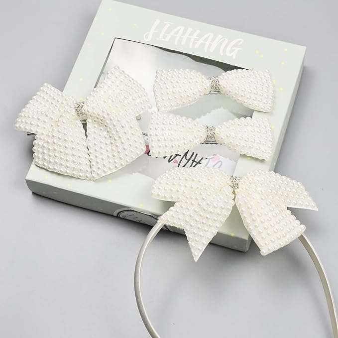 JIAHANG Baby Girls Pearl Beaded Hair Bow Headband and Clips Set, Rhinestone Hair Accessories Gift 4Pcs Set for Toddlers Teens School Girls (pearlseries)