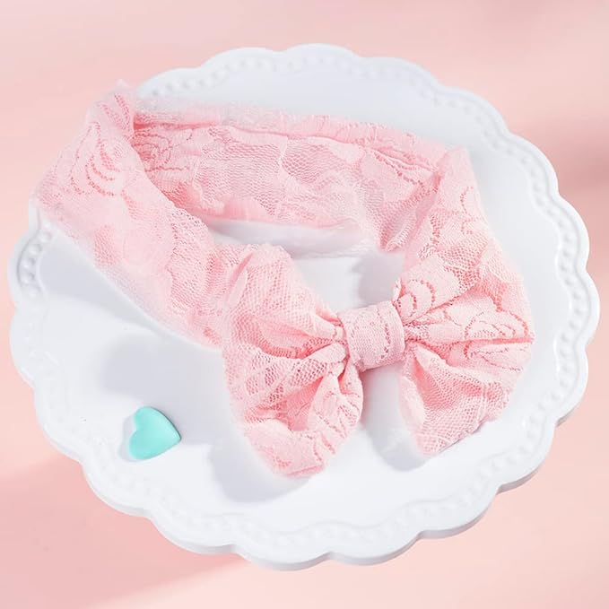 Qiansail Baby Girls Lace Bow Headband Elastics Bow Knot Hairband Headwrap for Newborn Infant Toddlers Kids (Pink)