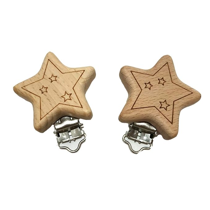 10pcs Natural Wood Suspender Pacifier Clips Cute Beech Wooden Animal Start Shape Clips DIY Beading Pacifier Chain Accessory