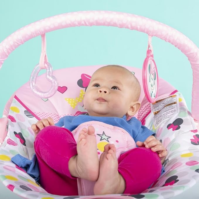 Bright Starts Disney Baby Minnie Mouse Baby Bouncer Soothing Vibrations Plush Infant Seat - Removable Toy Bar, Nonslip Feet, 0-6 Months Up to 20 lbs (Spotty Dotty)