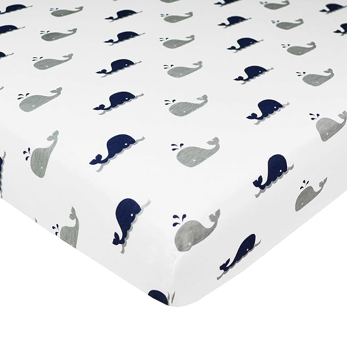American Baby Company 2 Pack 100% Natural Cotton Fitted Pack and Play Sheets 39" x 27" - Soft & Breathable Pack N Play Sheets for Playard & Mini Crib Mattress, Navy Whale/Grey Zigzag, for Boys & Girls