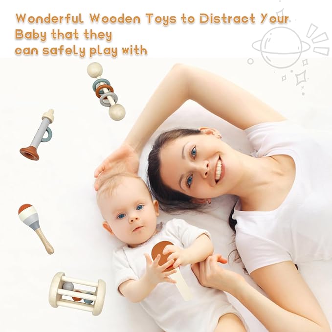 Wooden Baby Rattle, Organic Colorful Baby Rattles Set, Toddler Hand Wooden Rattles Toy Set for Infant Grasping, Sensory Development, Gift for Baby Boys Girls