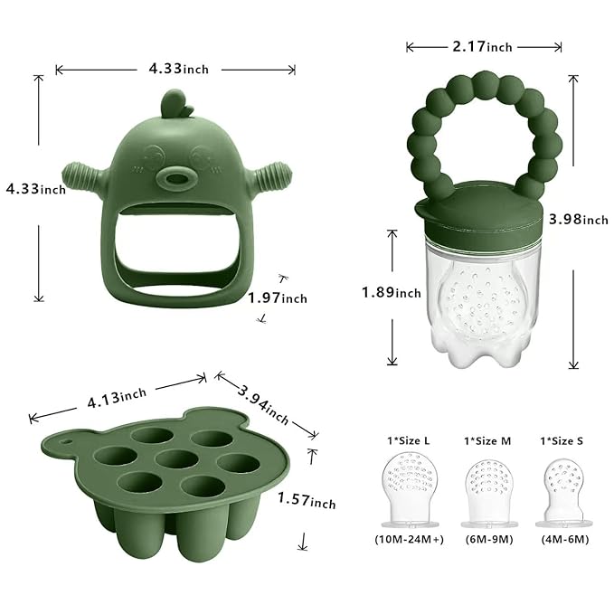 6-in-1 Baby Fruit Feeder Pacifier & Baby Food Feeder Set – Silicone Breastmilk Popsicle Mold with Freezer Tray, Teething Relief Toy, BPA Free Infant Feeder, 3 Sizes (S/M/L) Sacs (Olive Green)