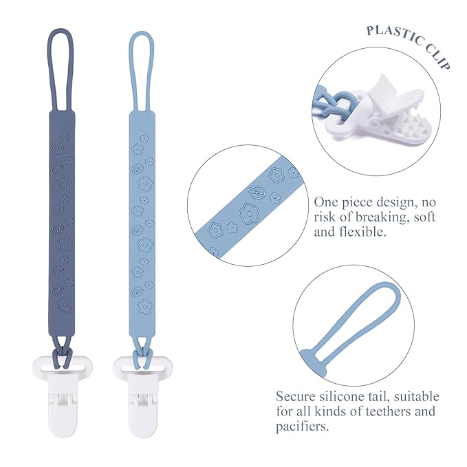 One Piece Design Silicone Pacifier Clip Holder for Baby Boys and Girls,Pack of 4 Flexible Paci Leash,Binky Clips,Newborn Essentials (Flowers & Leaves, Gray)
