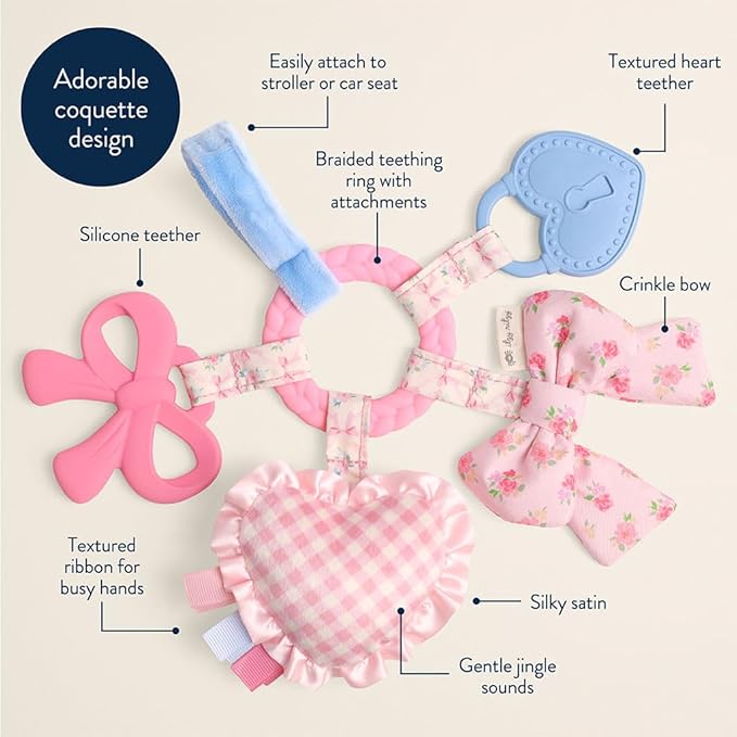 Itzy Ritzy Teething Activity Toy - Bitzy Busy Ring Infant Teething Toy Features Braided Teether & Dangling Toys, Includes Textured Ribbons, Crinkle Sound & Jingle Bell - 0 Months & Up (Pink Bow)