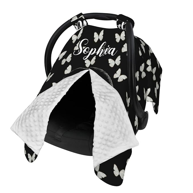 Personalized Baby Car Seat Canopy with Name, Custom Stroller Baby Car Seat Covers for Girls, Minky Nursing Carseat Cover for Breastfeeding, Car Seat Canopies for Infant Newborn(Butterfly)
