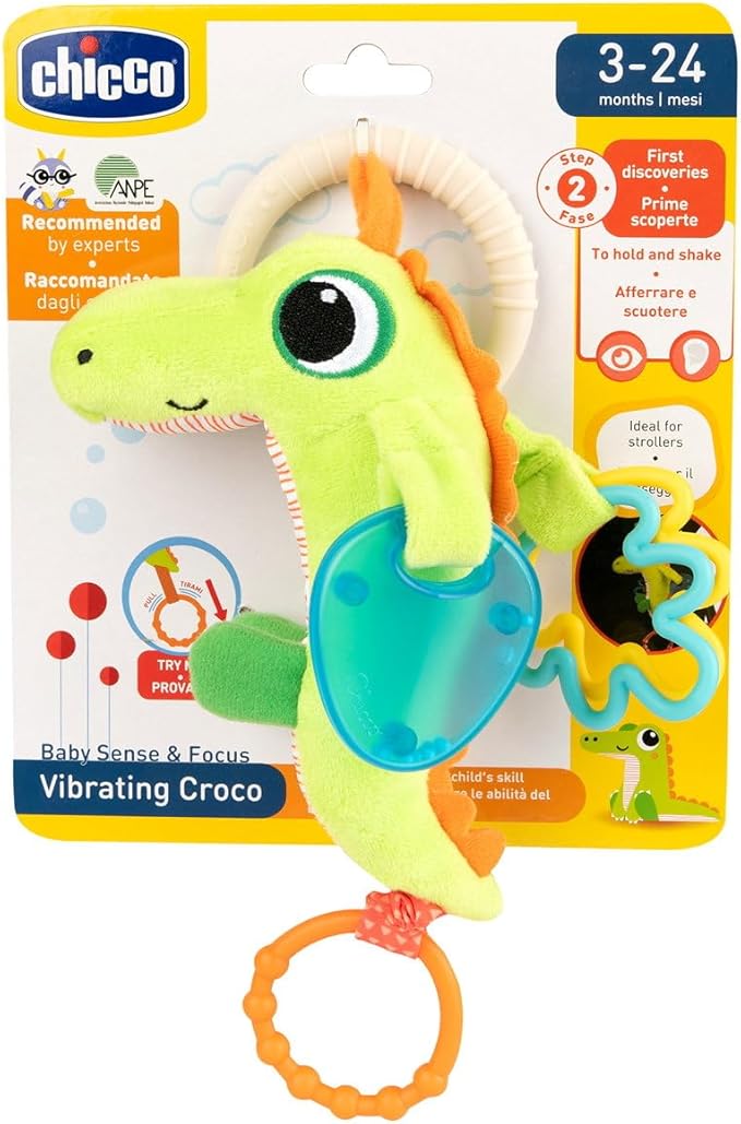 Chicco Crocodile Vibrating Rattle Ring Universal Ring for Prams and Prams Plastic Craft Vibration Effect Sensory Play for 3-24 Months
