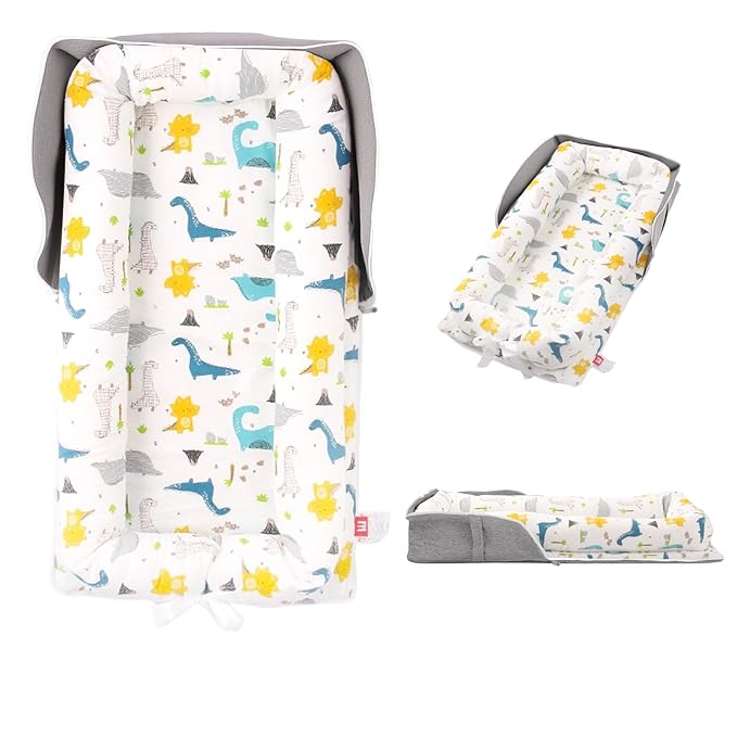 Portable Baby Lounger, Soft Baby Nest Cover Breathable Cotton Fabric, Adjustable Infant Lounger for Baby, Adjustable Size and Strong Zipper, Extended Space for Newborn 0-24 Months, Dinosaur