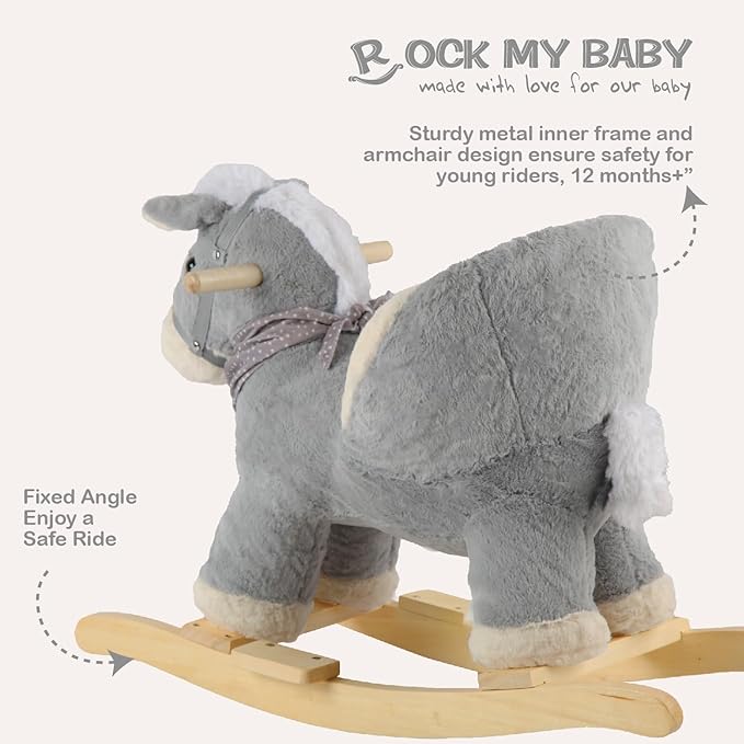 Rock My Baby Rocking Gray Horse with Chair, Plush Stuffed Rocking Pony with Realistic Sound, Baby Rocker Animal for Toddlers 1-3 Ride on,CPC Certified