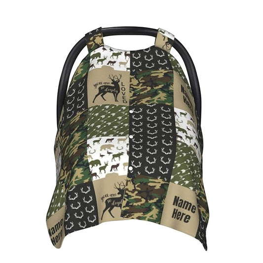 Personalized Woodland Moose and Bear Baby Car Seat Canopy for Babies with Name, Custom Car Seat Covers for Boys, Opening Minky Nursing Breastfeeding Cover Infant Car Seat Canopies for Newborn