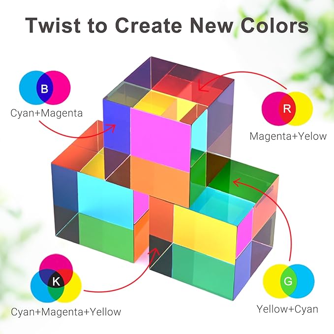 iKeelo Color Cube (80mm) with Stand - Mega Cube in Cyan, Magenta and Yellow - Mesmerizing Acrylic Prism for Desk Decor, A Fun Conversation Starter