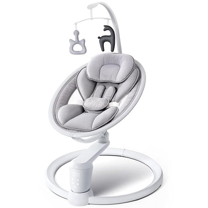 HARPPA Weddell Plus Electric Baby Swings for Infants and Newborns, Eye-Level Baby Swing 5 Speeds and Remote Control 10 Built-in Melodies, 2 Seat Positions & 180° Rotation for Indoor Use, Light Gray