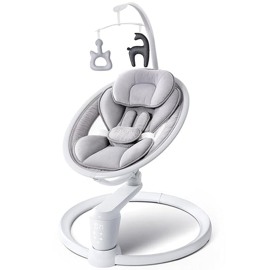 HARPPA Weddell Plus Electric Baby Swings for Infants and Newborns, Eye-Level Baby Swing 5 Speeds and Remote Control 10 Built-in Melodies, 2 Seat Positions & 180° Rotation for Indoor Use, Light Gray