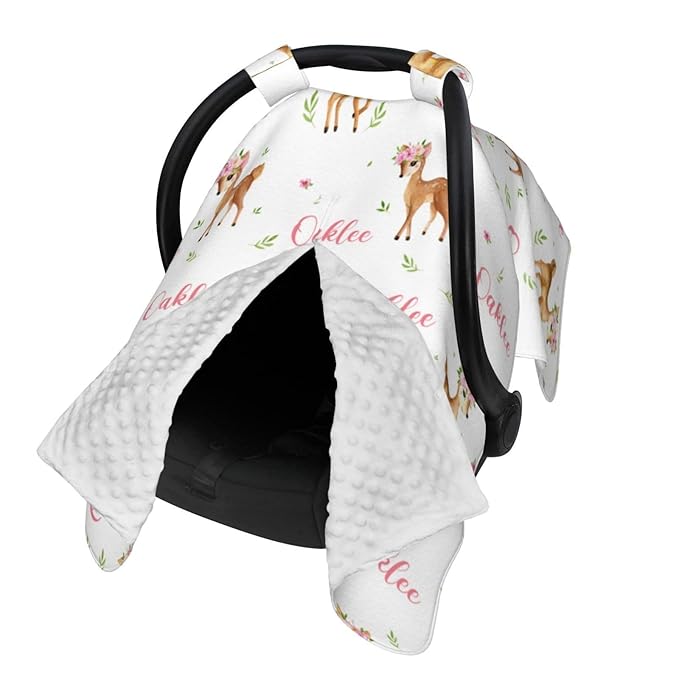 Personalized Baby Car Seat Canopy with Name, Floral Deer Infant Carseat Canopy, Nursing Breastfeeding Stroller Cover for Newborn Girls