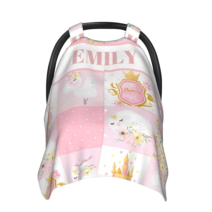 Personalized Minky Car Seat Canopy for Girl Boy, Custom Name Stroller Car Seat Covers Cover for Infant Newborn Shower Gift, Nursing Opening Carseat Cover for Breastfeeding, Swan Princess
