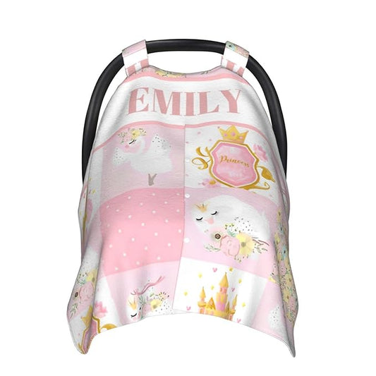 Personalized Minky Car Seat Canopy for Girl Boy, Custom Name Stroller Car Seat Covers Cover for Infant Newborn Shower Gift, Nursing Opening Carseat Cover for Breastfeeding, Swan Princess