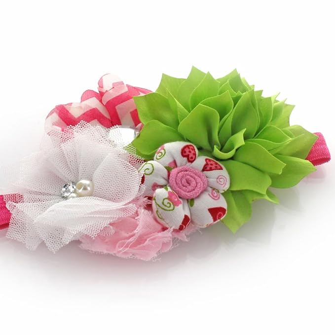 My Lello Headband Shabby Fabric Flower Cluster Baby - Infant - Toddler - Girl Stretchy Elastic Apple Green/Hot Pink Chevron