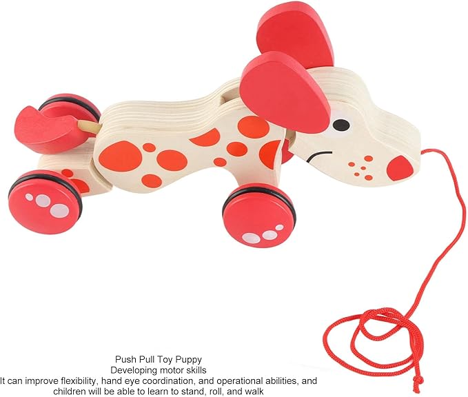 Push Pull Toy Puppy Walk Along Pull Wooden Hound Dog Walk A Long Puppy Wooden Pull Toy for Walking Toddlers (Dog)
