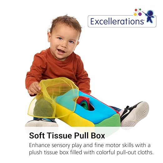 Excellerations Plush Pull & Play 12 inches L x 5-1/2 inches W x 3-1/2 inches H Tissue Box 12 Square Scarves for Children, Kids Educational Baby Toy, 9 Months and Up