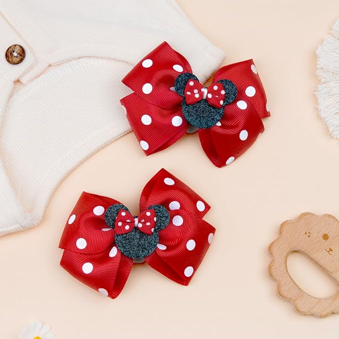2 Pairs Red Dot Mouse Ears Hair Clips & Mouse Hair Bows Barrettes for baby Girls Accessories Birthday Party Decorations Gift