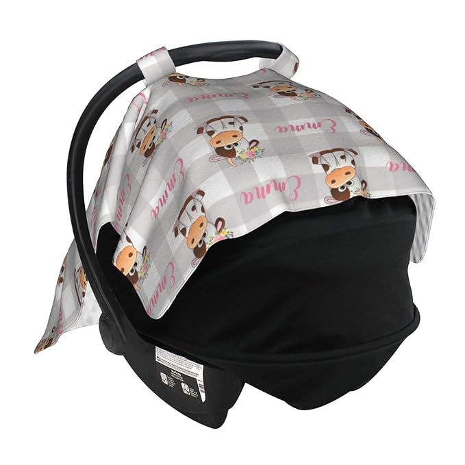 Personalized Farm Cow Floral Pink Baby Car Seat Canopy for Babies with Name, Custom Car Seat Covers for Girls, Peekaboo Opening Minky Nursing Breastfeeding Cover Infant Car Seat Canopies for Newborn