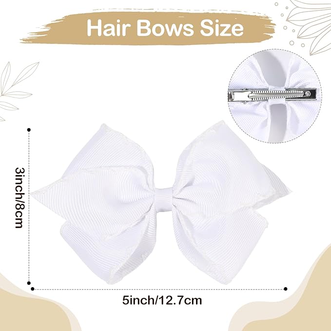 OAOLEER 5” 2PCS Hair Bows for Girls, White Grosgrain Ribbon Bows Hair Alligator Clips Hair Accessories for Girls Infants Toddlers Kids Teens Children (White)
